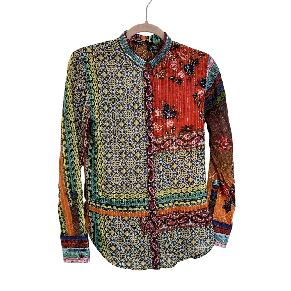 Desigual Mixed Print Button Up Shirt Size S Multicolor Banded Collar Metallic